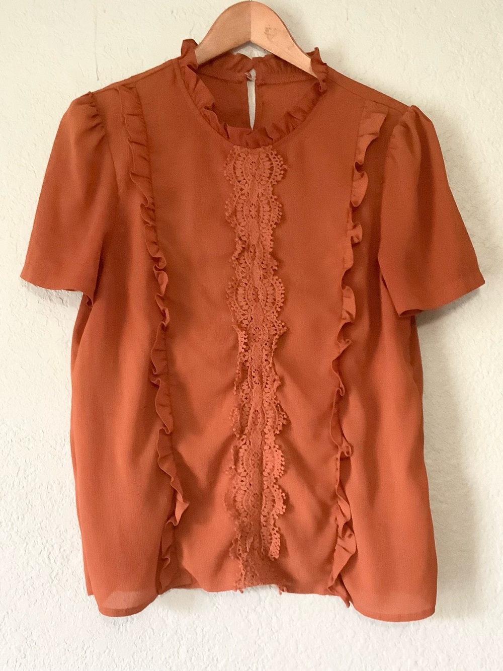 SHEIN Rust Orange Lace & Ruffle Short-Sleeve Blouse